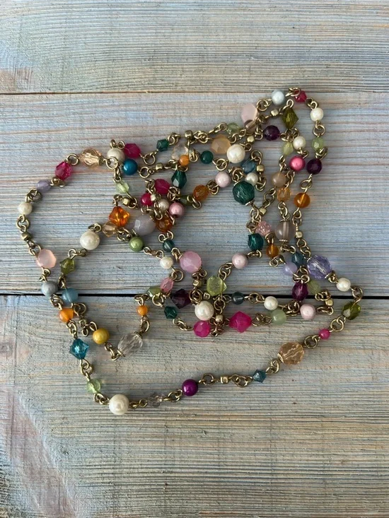 3pc Spring Necklace Set Red Choker, Green Seed Bead, Long Gold Multicolor Layers - Picture 12 of 13